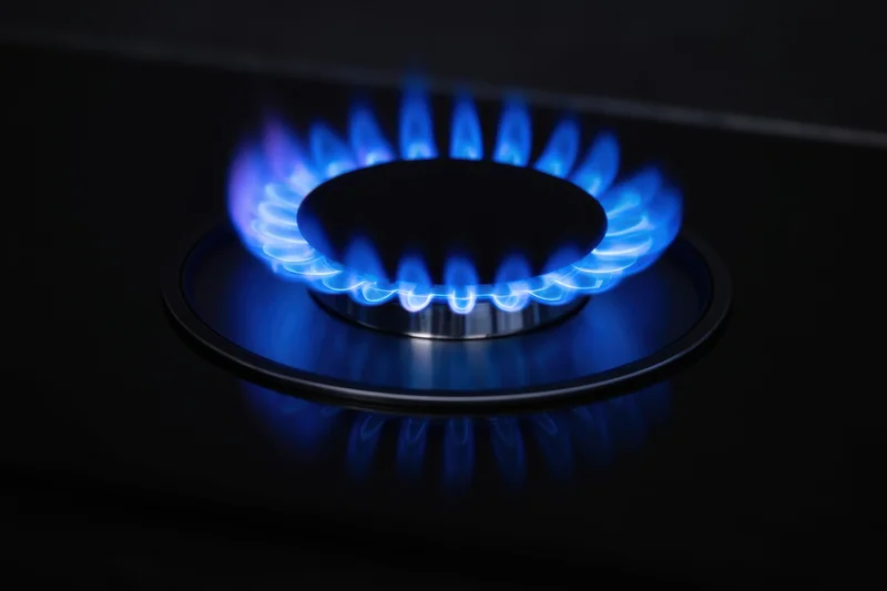 Blue flame burning on a gas stove burner in a dark kitchen setting