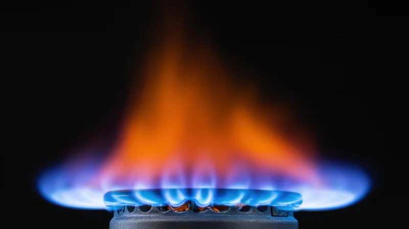 Blue and orange flame burning from a gas stove burner against black background
