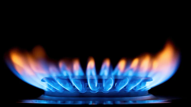 Blue flame burning on a gas stove burner in a dark kitchen setting