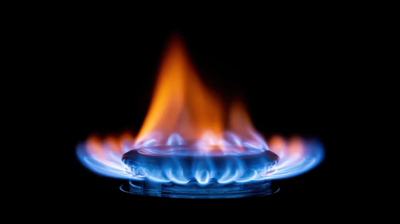 Blue and orange flame burning on a gas stove burner against black background