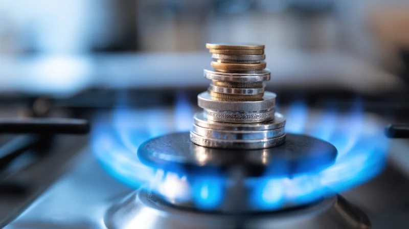 Stack of coins on a lit gas stove burner in a kitchen