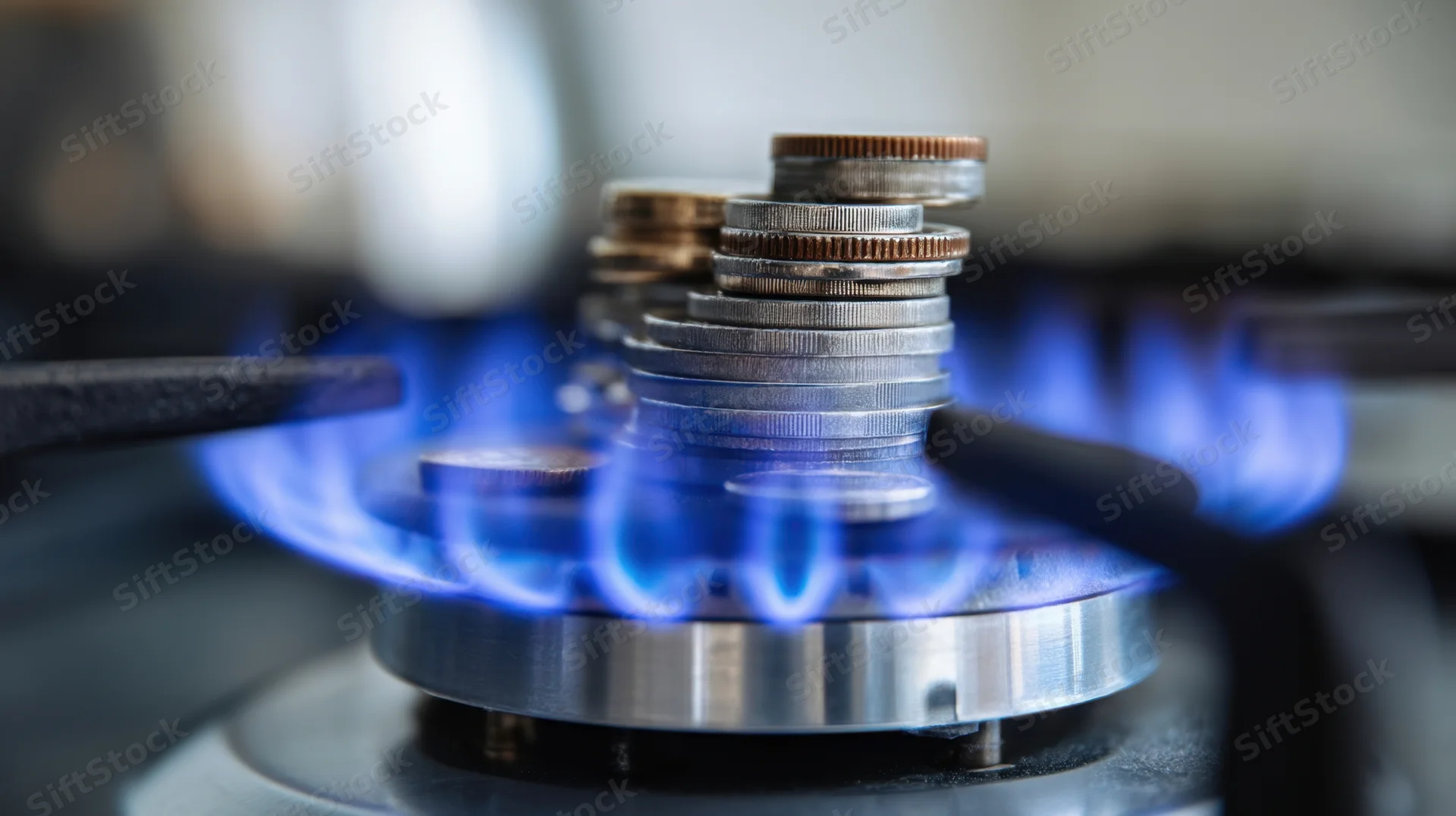 Stacks of coins on a lit gas stove burner in a kitchen