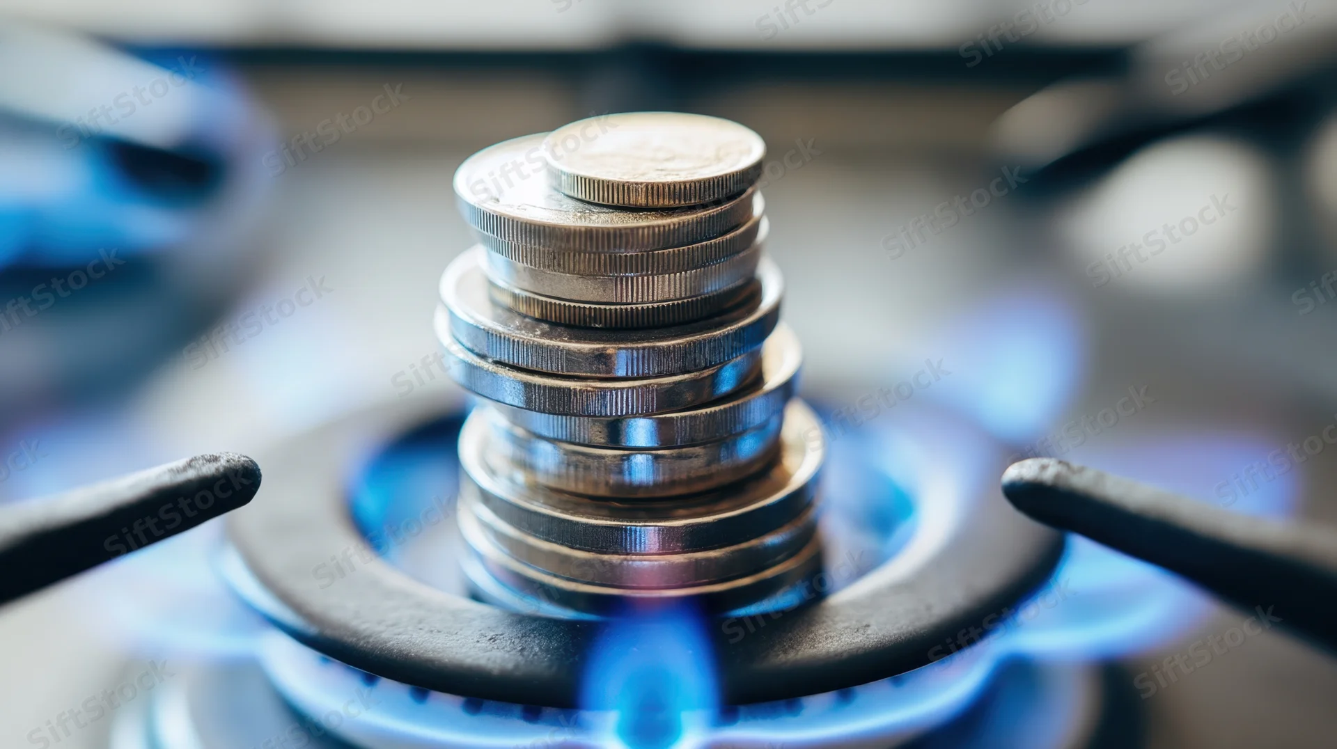 Stack of coins on a gas stove burner with blue flame lit