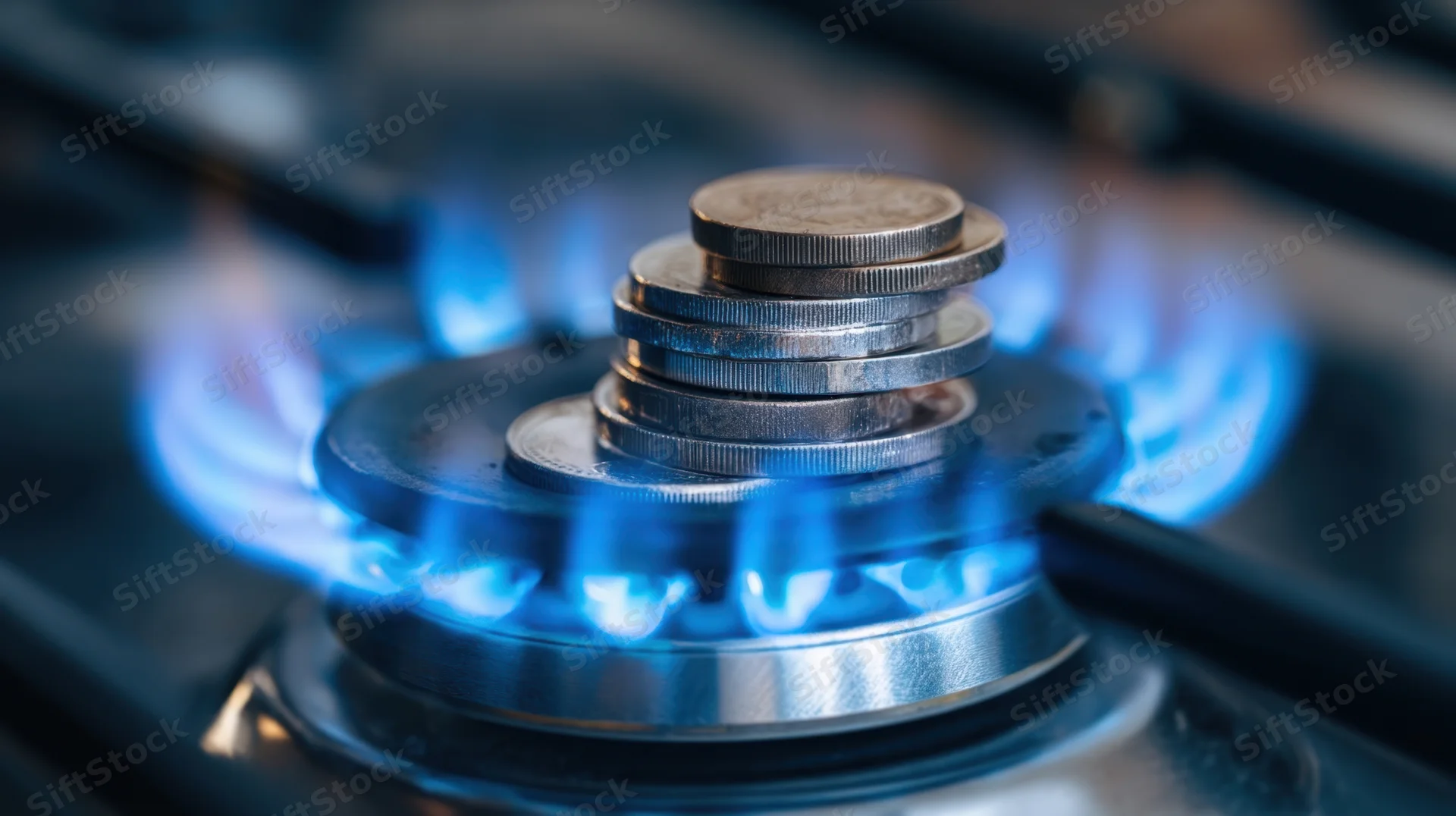 Blue flame burning under a stack of coins on a gas stove burner