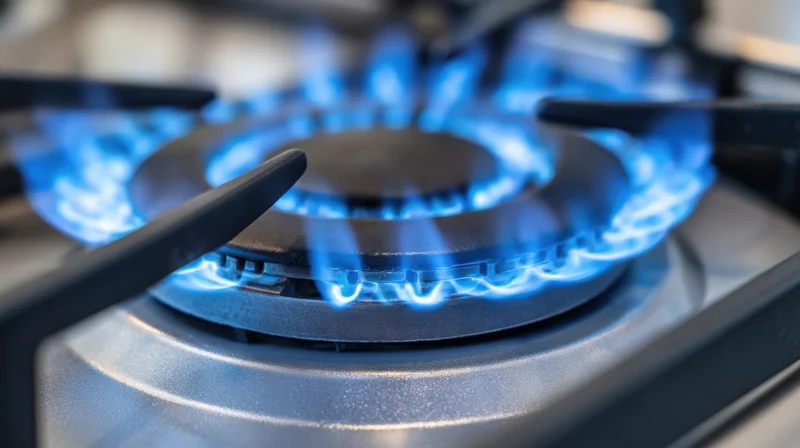 Close-up of a lit gas stove burner with blue flames on a kitchen cooktop
