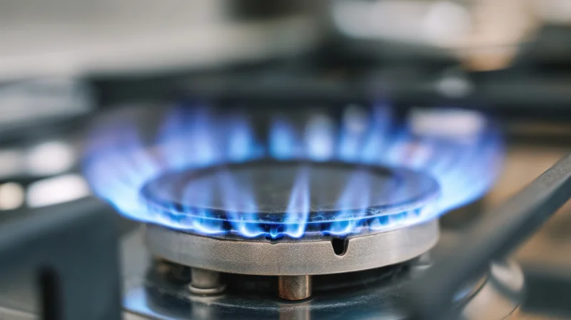 Close-up of a lit gas stove burner with blue flame on a kitchen cooktop