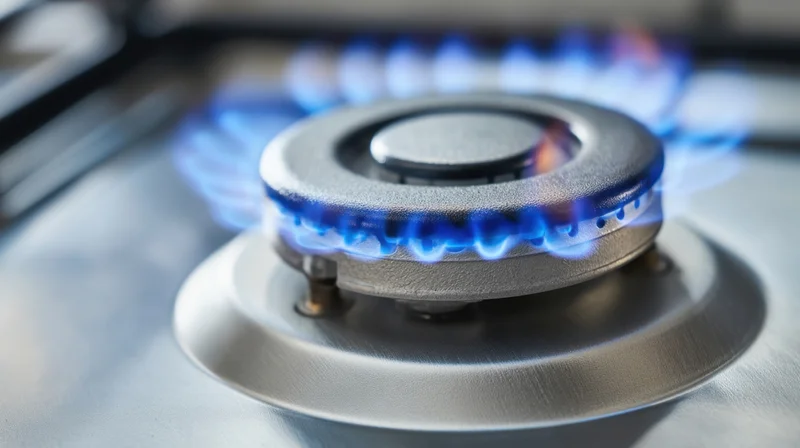 Close-up of a gas stove burner with blue flame on a stainless steel cooktop