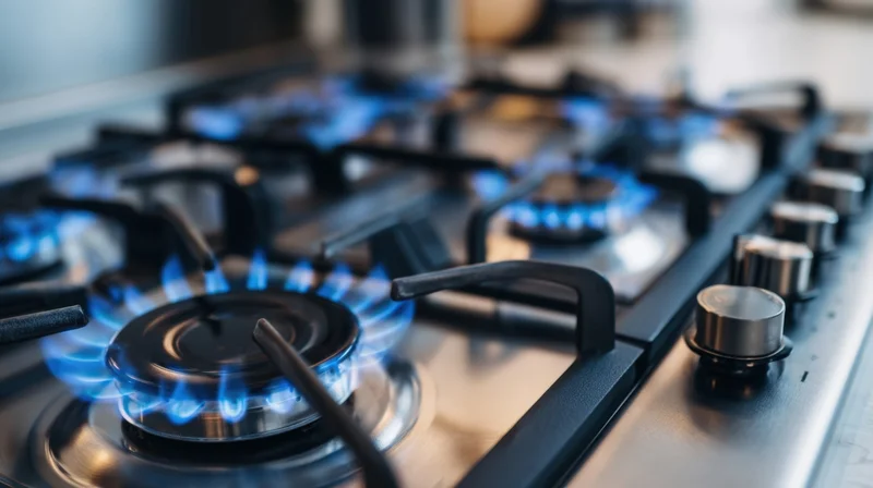Close-up of lit gas stove burners with blue flames on a stainless steel cooktop