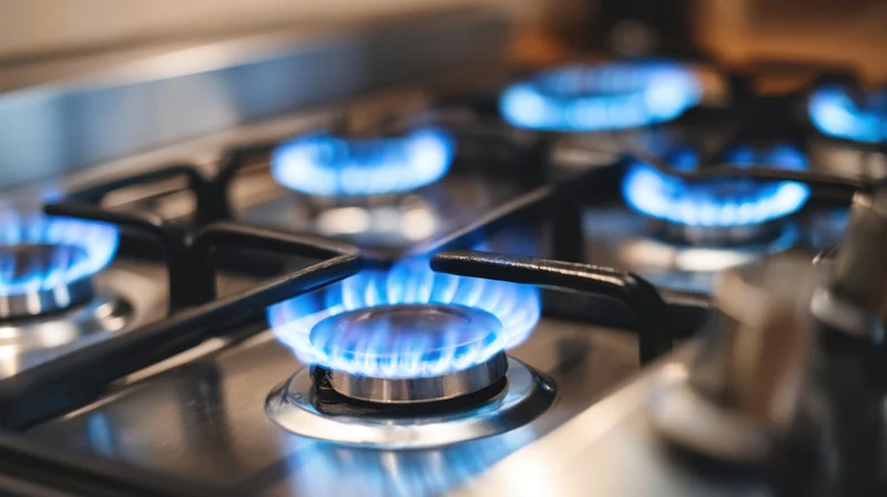 Close-up of lit gas burners on a stainless steel stove in a kitchen