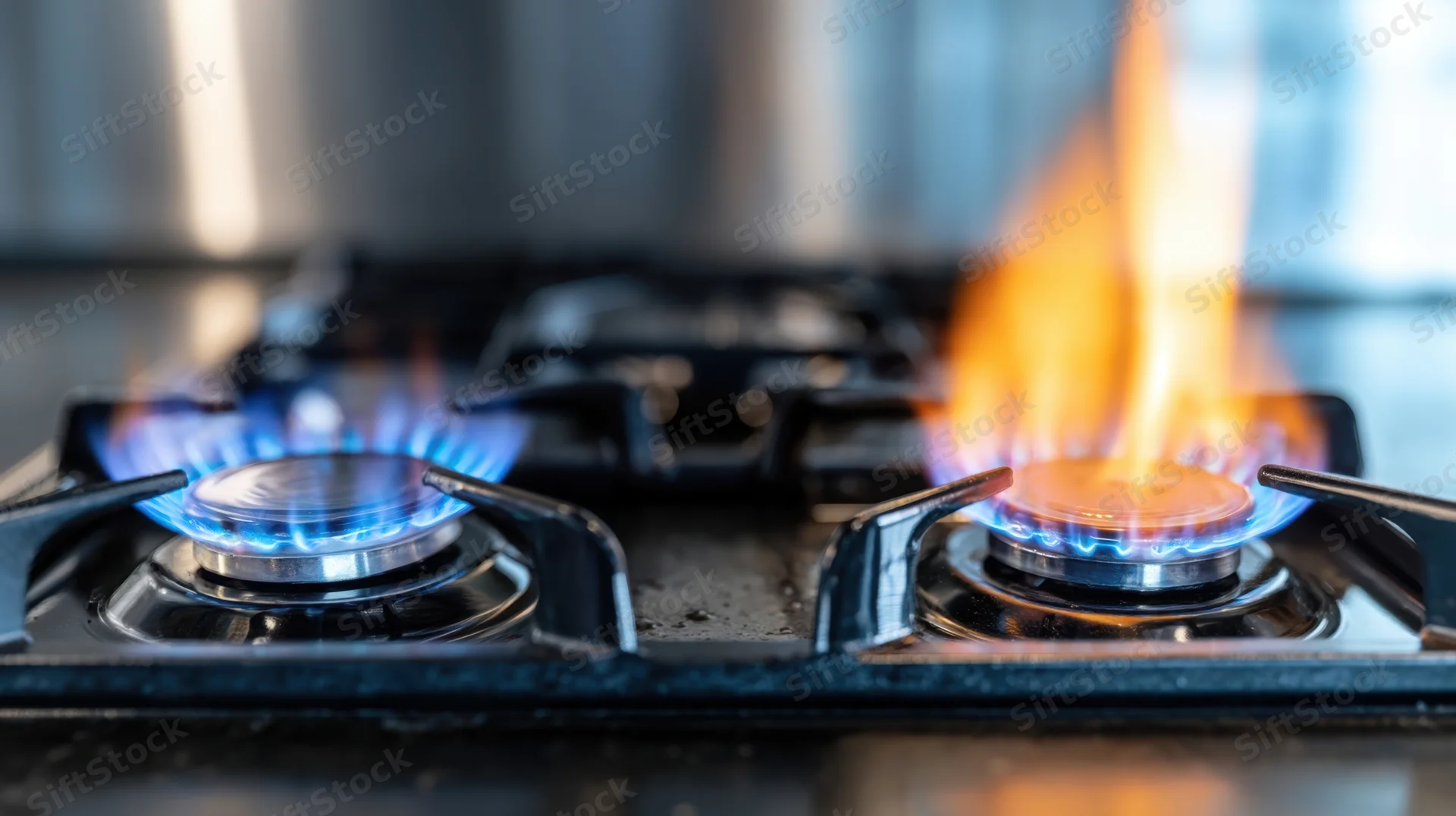 Gas stove burners lit with blue and orange flames on a kitchen cooktop