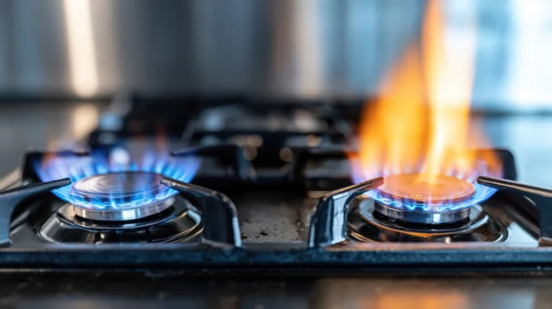 Gas stove burners lit with blue and orange flames on a kitchen cooktop