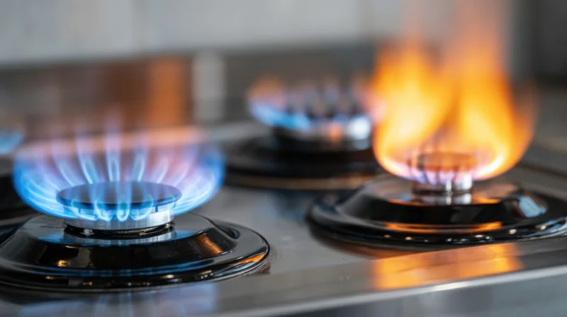 Gas stove burners lit with blue and orange flames on a stainless steel cooktop