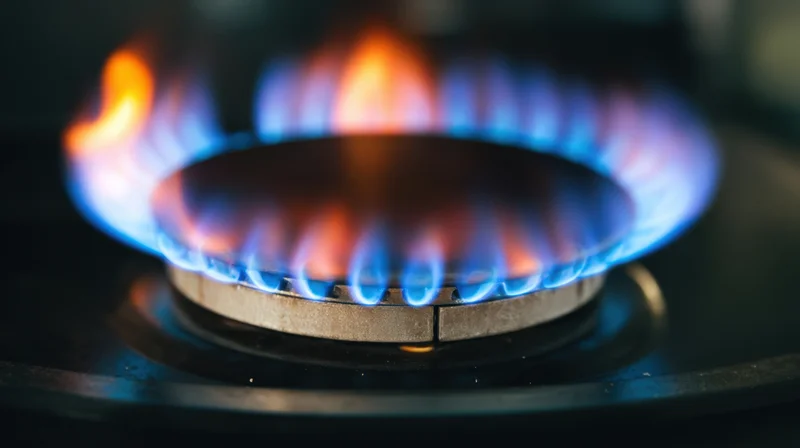 Close-up of a lit gas stove burner with blue and orange flames on a kitchen cooktop