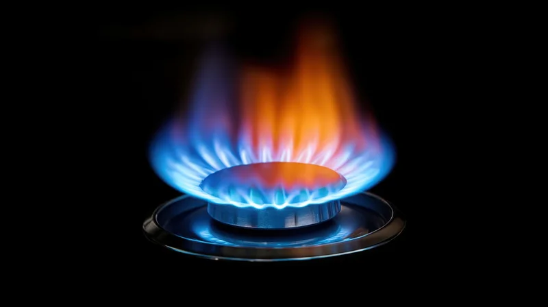Gas stove burner with blue and orange flame against black background