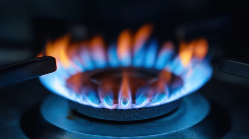Blue and orange flames burning on a gas stove burner in a kitchen setting