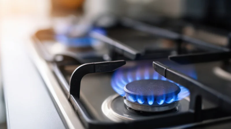 Close-up of a lit gas stove burner with blue flame in a kitchen setting
