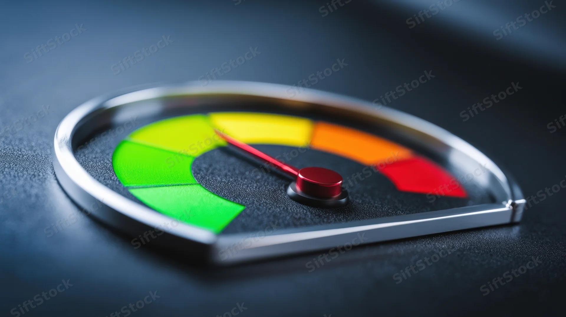Close-up of a circular gauge with a red needle pointing to green on a dark surface