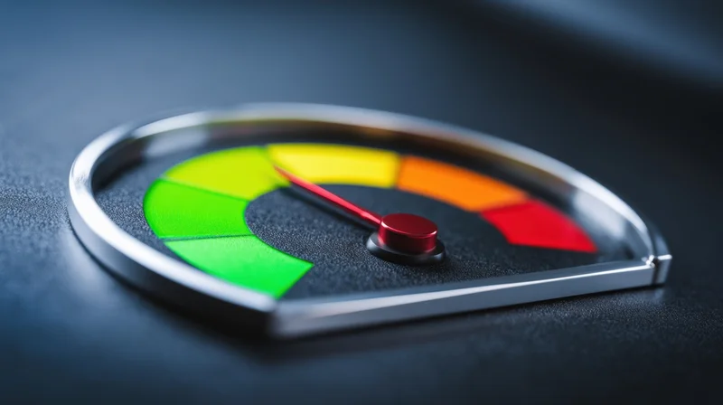 Close-up of a circular gauge with a red needle pointing to green on a dark surface