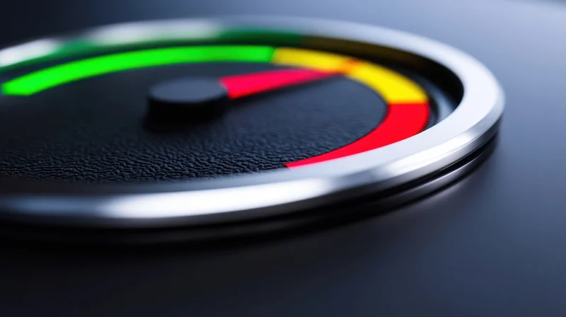 Circular gauge with red yellow green segments on a black textured surface