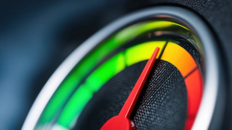 Close-up of a red needle on a circular gauge with color-coded segments in a vehicle dashboard