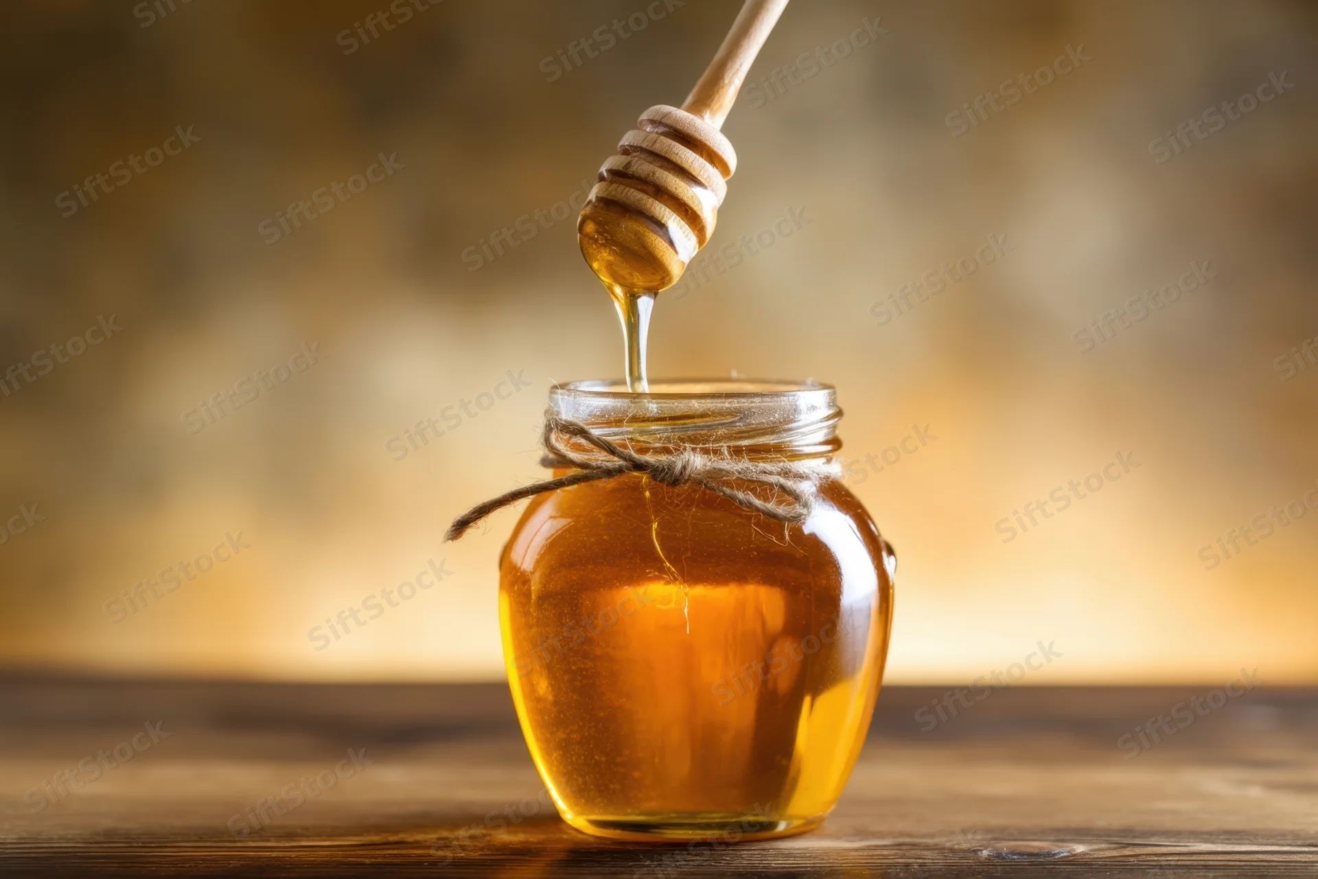 Honey dripping from a wooden dipper into a glass jar on a wooden table