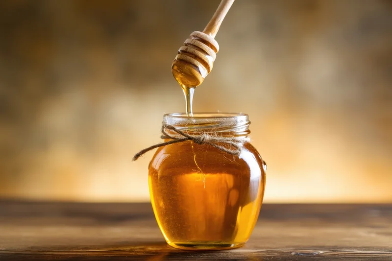Honey dripping from a wooden dipper into a glass jar on a wooden table