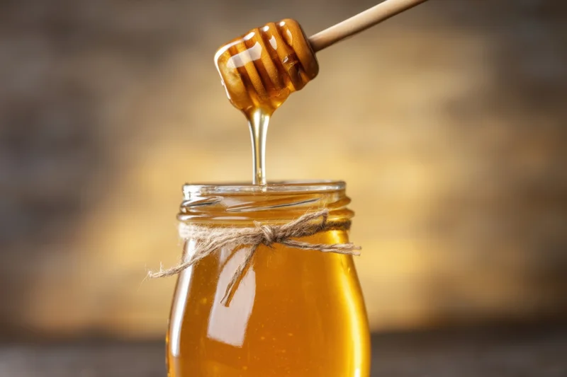 Honey dripping from a wooden dipper into a glass jar tied with twine
