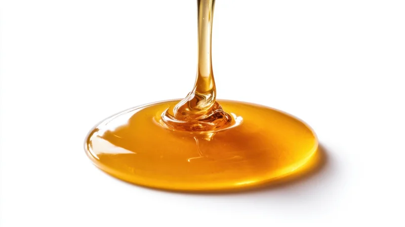 Golden honey pouring and spreading on a white surface