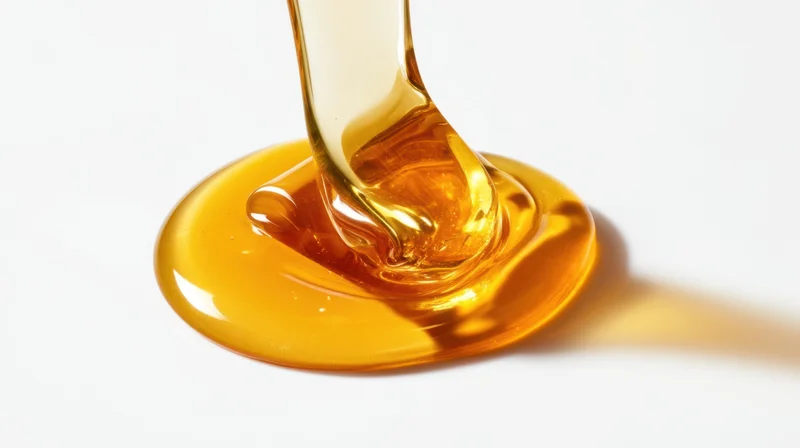Golden honey dripping from a spoon onto a white surface