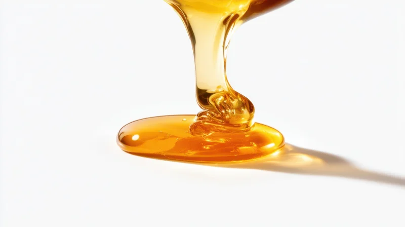 Golden honey pouring onto a white surface, forming a glossy pool