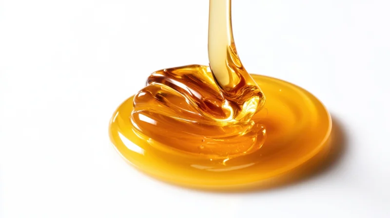 Golden honey dripping from a spoon onto a white surface