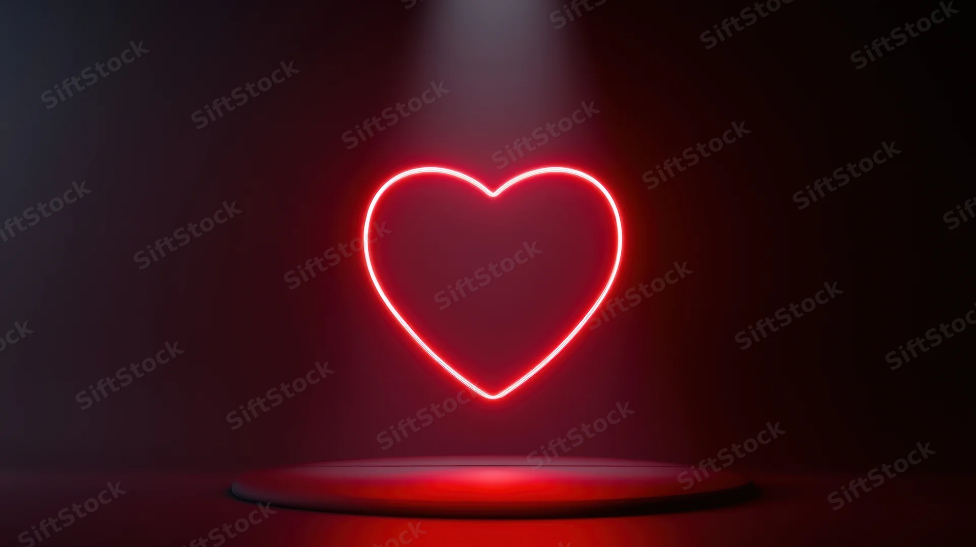 Glowing red neon heart outline on a circular platform under spotlight in dark space
