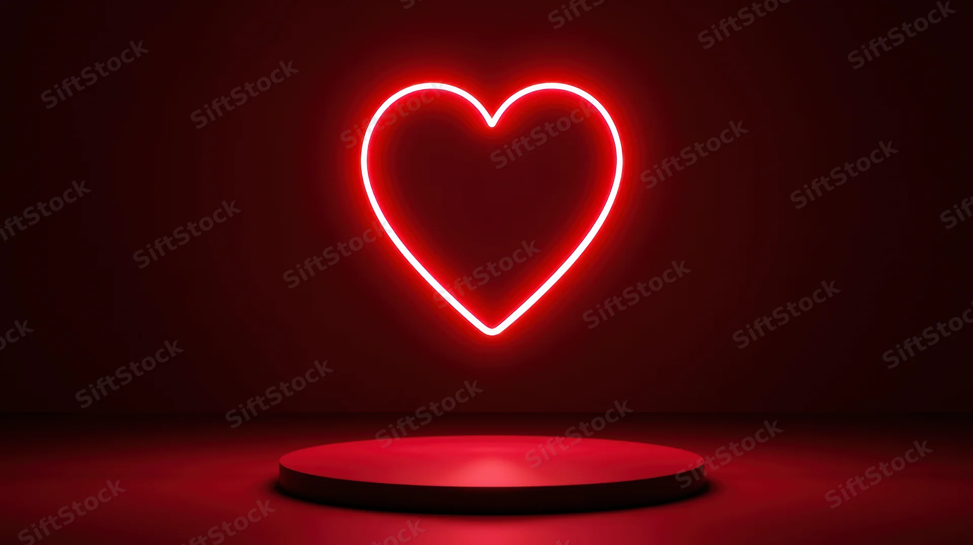 Glowing red neon heart symbol above a circular platform in a dark studio space
