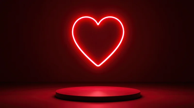 Glowing red neon heart symbol above a circular platform in a dark studio space