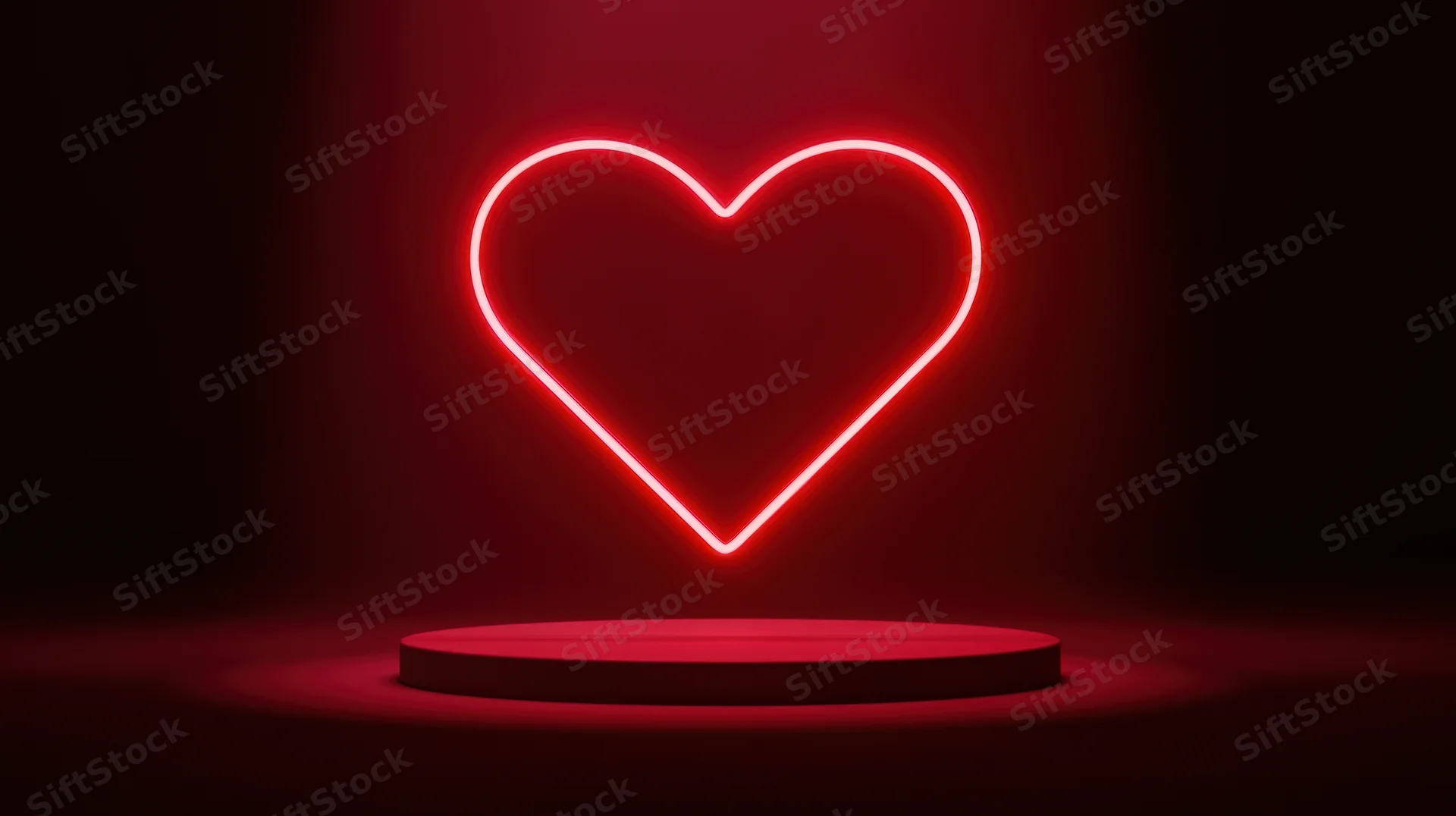 Glowing red neon heart symbol above a circular podium in a dark space