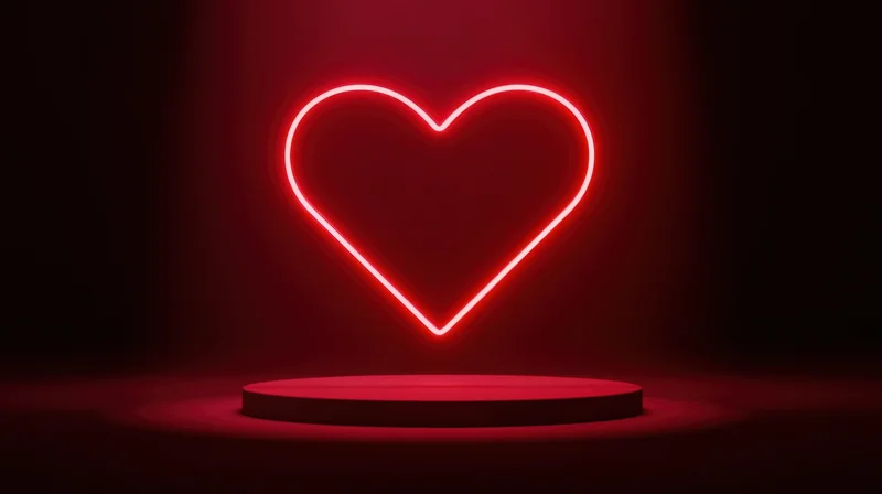 Glowing red neon heart symbol above a circular podium in a dark space
