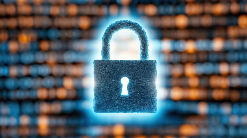 Glowing digital lock symbolizing data security over blurred code background