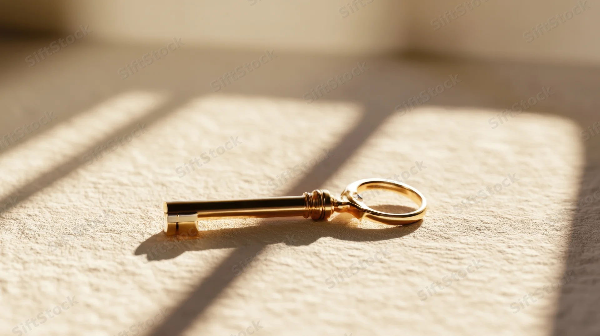 Golden vintage key resting on textured surface in soft sunlight