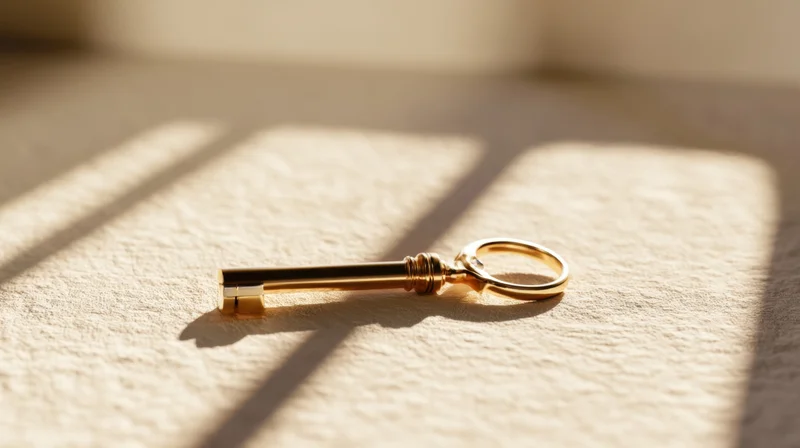 Golden vintage key resting on textured surface in soft sunlight