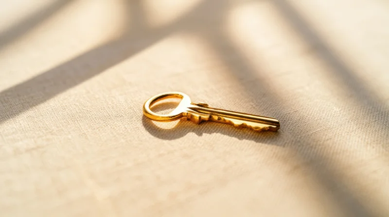 Golden key resting on textured fabric with sunlight and shadows