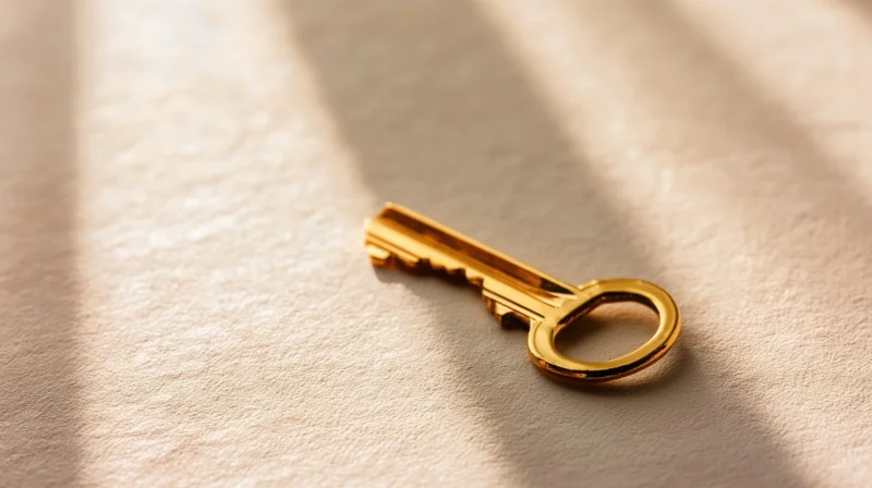 Golden key resting on textured surface with sunlight and shadows