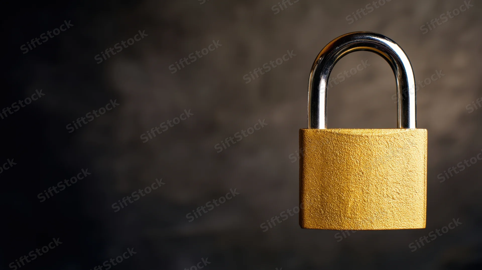 Golden padlock on dark textured background with copyspace on left