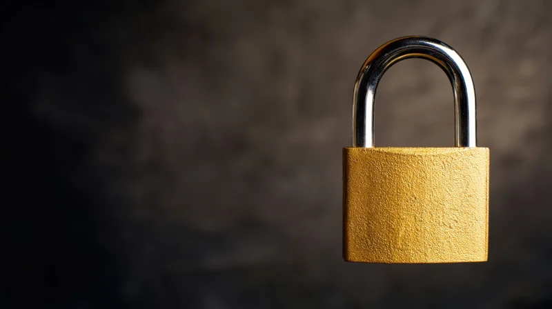 Golden padlock on dark textured background with copyspace on left
