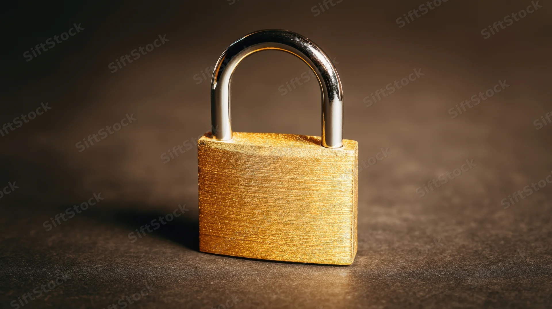 Golden padlock standing on dark surface with metallic sheen and shadowed background