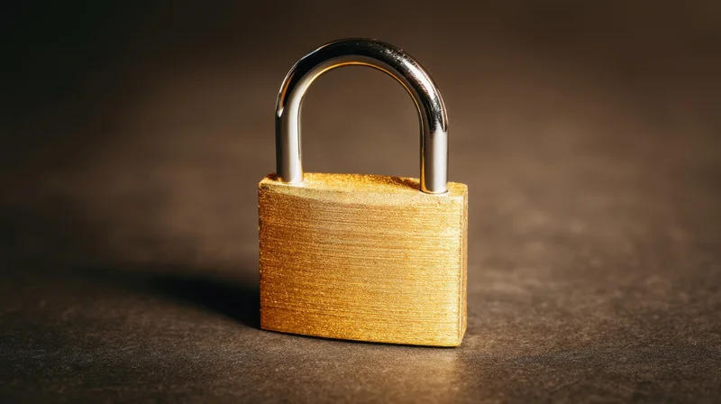 Golden padlock standing on dark surface with metallic sheen and shadowed background
