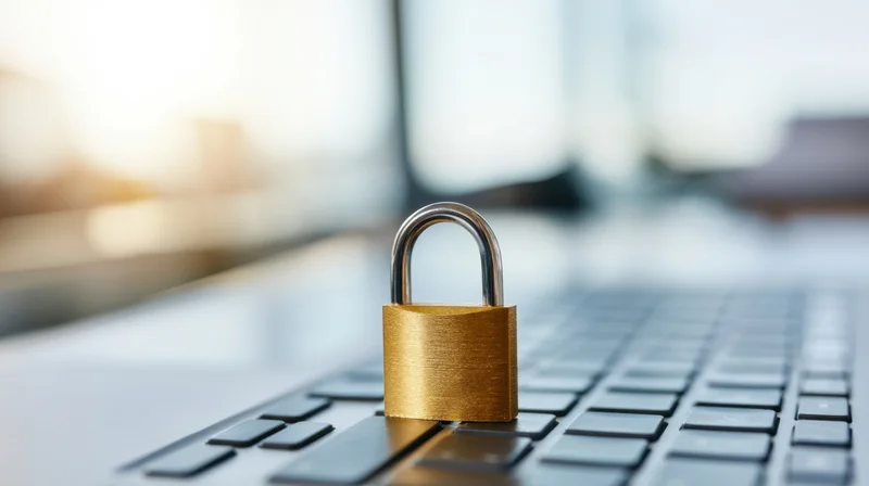 Golden padlock resting on laptop keyboard in office setting