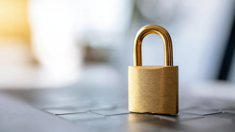 Golden padlock resting on laptop keyboard surface