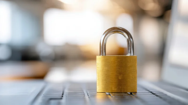 Golden padlock resting on laptop keyboard in office setting