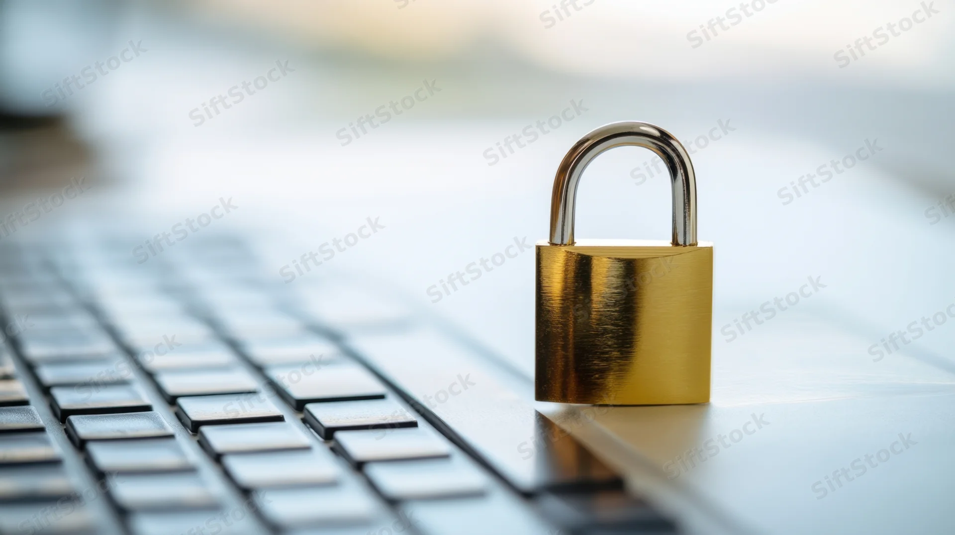 Golden padlock resting on a laptop keyboard in an office setting
