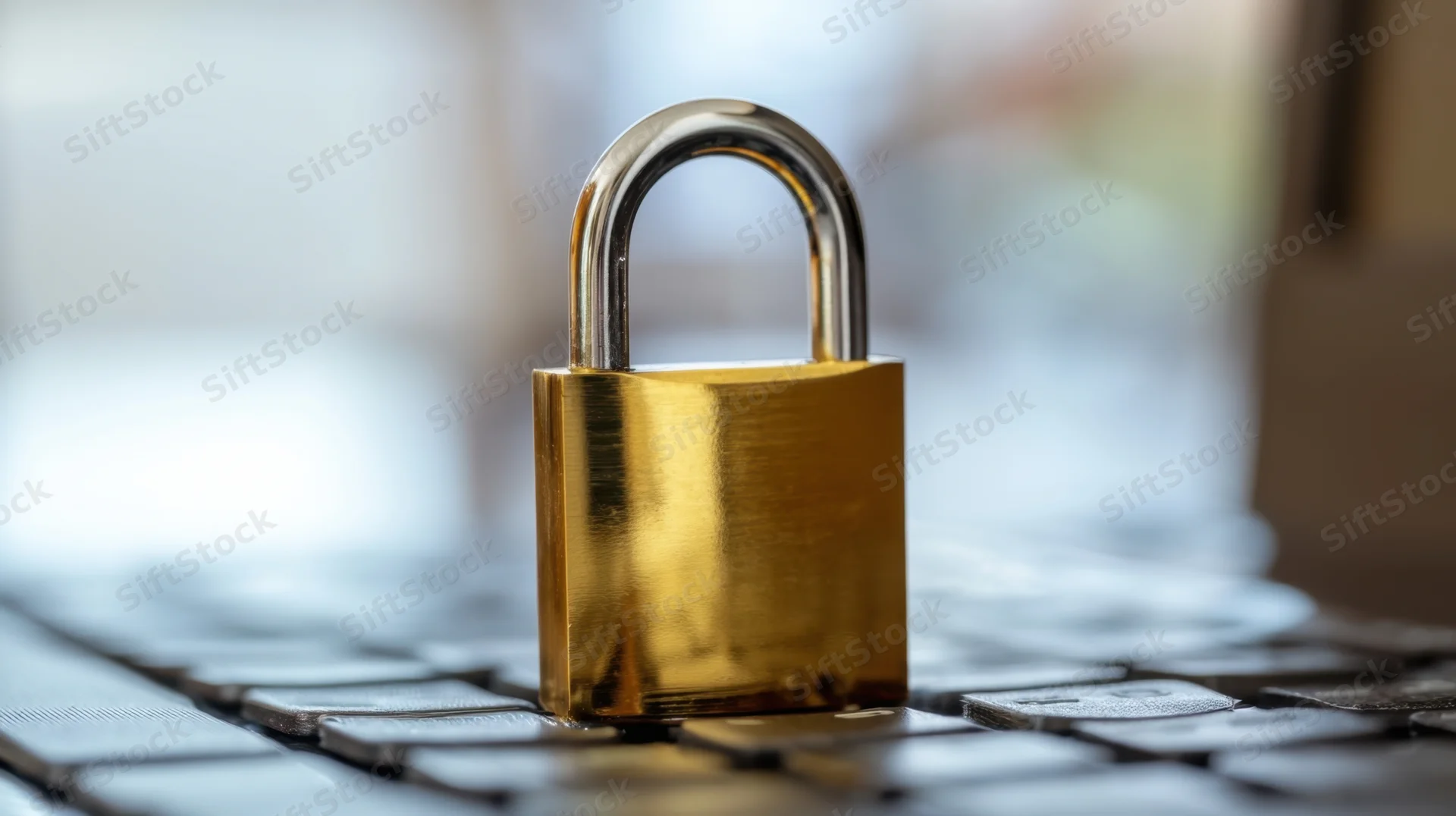 Golden padlock resting on laptop keyboard surface